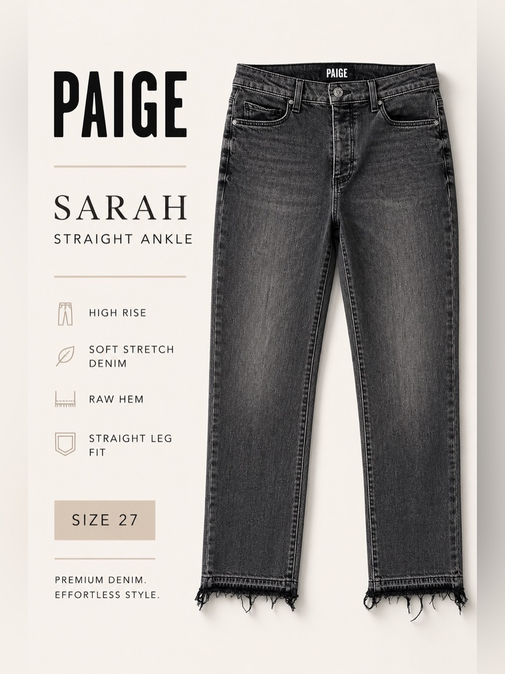 PAIGE Sarah Straight Ankle Jeans Gray Black Raw Hem High Rise Size 27